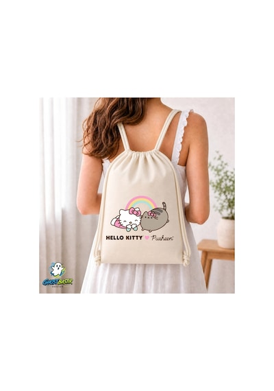Ghostbastır Design Hello Kitty Ve Pusheen Büzgülü Keten Çanta C118 Bej