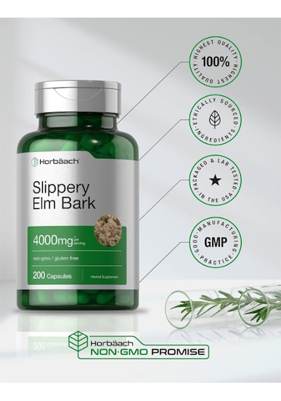 Horbäach Slippery Elm Bark 200 Capsules Non-gmo Gluten Free. Aromasız
