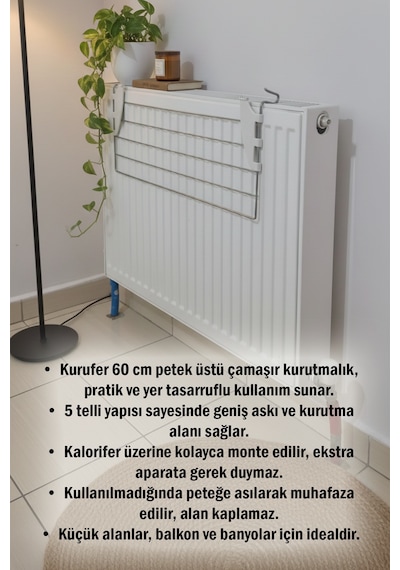 Kurufer 5 Telli Petek Üstü Çamaşır Kurutmalık Askısı Banyo İçi Kalorifer Kurutmalık 60 cm
