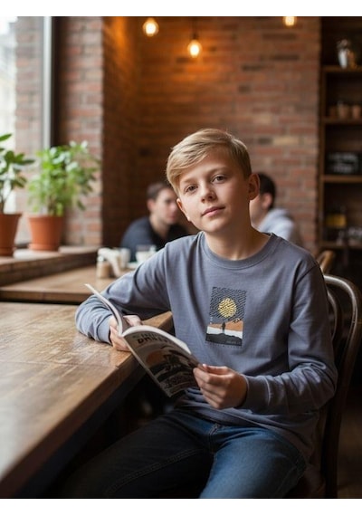 Zekids Erkek Çocuk Pamuklu Manzara Baskılı İnce Uzun Kollu Sweatshirt-16341 Gri