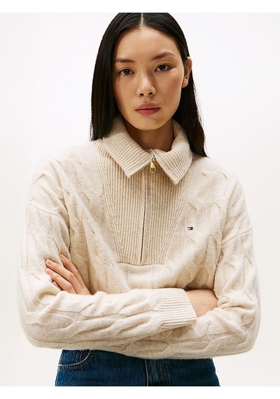Tommy Hilfiger Soft Wool Cable 1/2 Zıp Ls Swt Kadın Bej Sweatshirt - Ww0ww46425 Bej