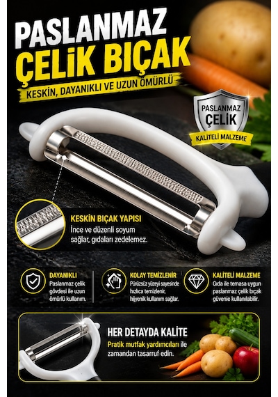 Siyah Saplı Sapan Soyacak Paslanmaz Çelik Sebze Meyve Soyucu Ergonomik Pratik Mutfak Aparatı