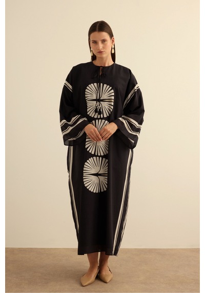 Aker Geometrik Desenli Cotton Yaz Serinliği Kimono Siyah Siyah