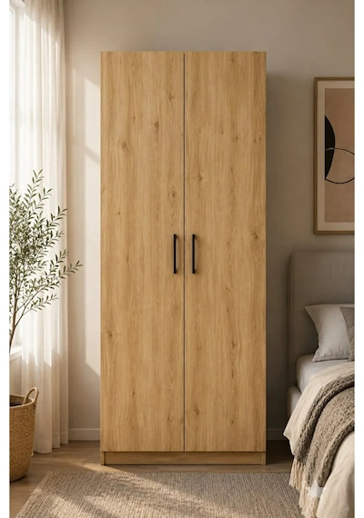 2 Kapaklı 175 Cm 4 Raflı Modern Gardırop Çok Amaçlı Yüklük Düzenleyici Dolap Ceviz