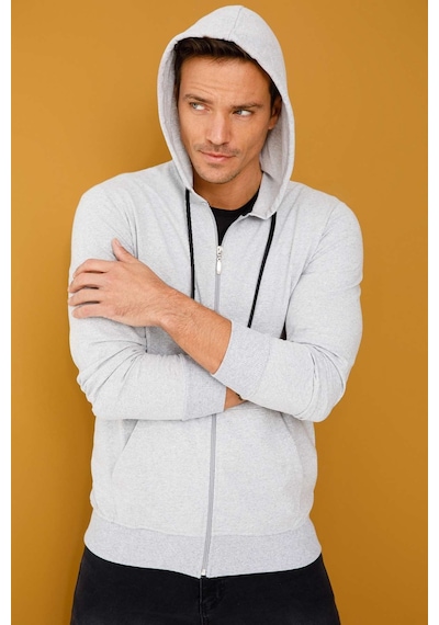 Igs İgs Erkek A.gri Modernfıt / Ekstra Dar Kalıp Kapşonlu Fermuarlı Sweatshirt Açık Gri