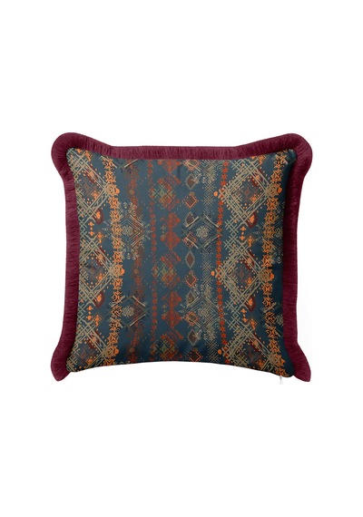 Etnik Kilim Desenli Saçaklı Yastık Kılıfı - Otantik Retro Lacivert Bordo Püsküllü Kırlent Kılıfı Kadim Ufuk Saten