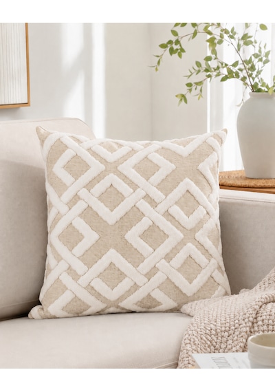 Maze 43x43 Cm Dekoratif Kırlent Kılıfı Geometrik Dokulu Modern Koltuk Yastık Kılıfı Bej