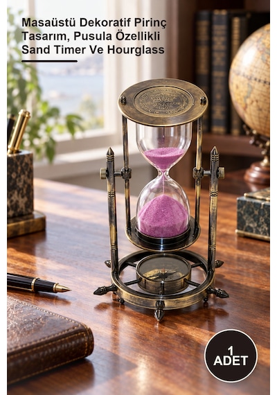 1 Adet Pirinç Pusulalı Kum Saati Masaüstü Dekoratif Pirinç Tasarım, Pusula Özellikli Sand Timer Ve Hourglass