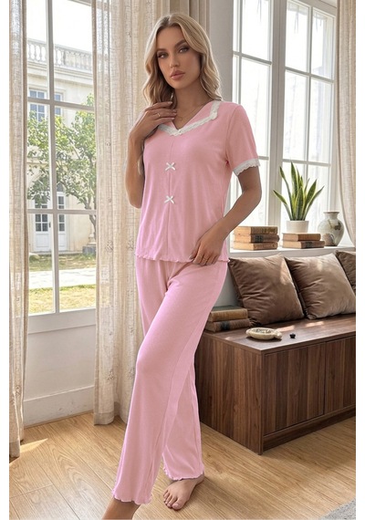 Bella Notte Pembe Dantel Yaka Fiyonk Detaylı Kısa Kollu Kadın Pijama Takımı Çok Renkli