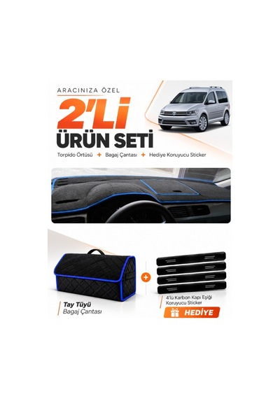 E-biz Volkswagen Caddy 2015-2021 Uyumlu Torpido Örtüsü + Tay Tüyü Çanta - Siyah-mavi - Vw003