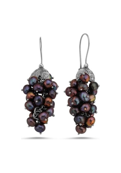 Üzüm Salkımı Doğal İnci Kadın Küpe Beyaz Gümüş