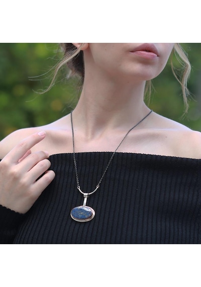 Oval Lapis Lazuli Taşlı Zinciri Oksitli Otantik Gümüş Kolye Gümüş