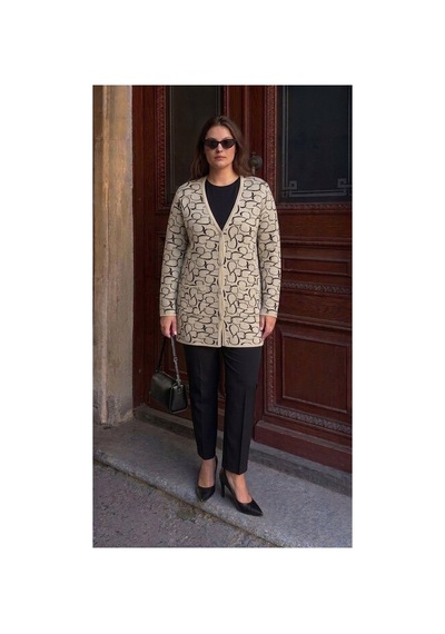 Onno Style Women Kalp Desenli Klasik Triko Düğmeli Ceket Taş