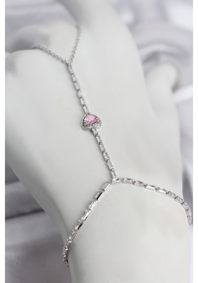 Gümüş Renk Pirinç Zirkon Taşlı Pembe Kalp Model Şahmeran Çok Renkli