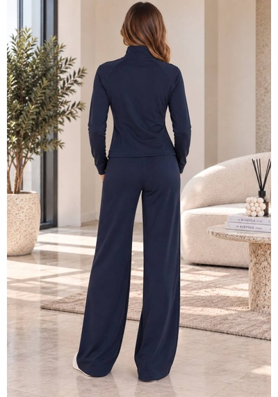 Genel Markalar Kadın Lacivert Dik Yaka Fermuarlı Slim Fit Üst Bol Paça İkili Eşofman Takımı