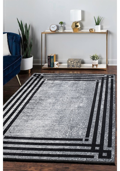 Mariesse Home Modern Desenli Dekoratif Saçaklı Oturma Odası Ve Salon Halısı Gri-siyah