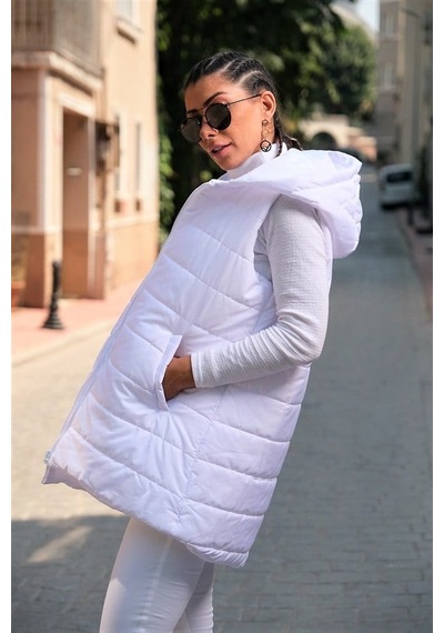 Veraura Lifestyle Beyaz Kapüşonlu Cepli Kolsuz Şişme Yelek