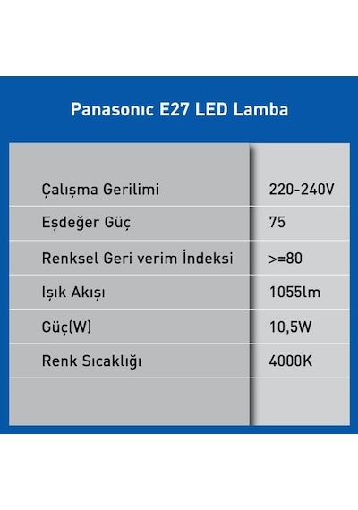 Led E27 Lamba, Gün Işığı 10,5w 1055lm 4000k Standart