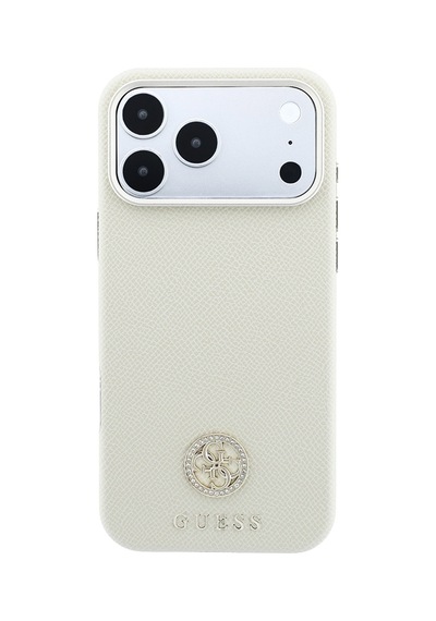 Apple iPhone Uyumlu 18 Pro Max Kılıf Guess Lisanslı M-safe Özellikli Pu Taşlı Metal 4g Ve Yazı Logolu Kapak Bej