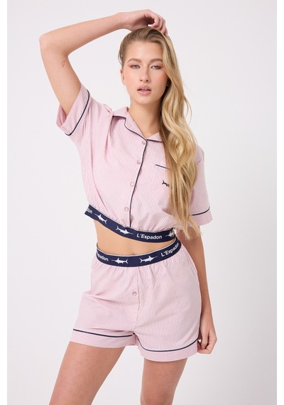 Lespadon Marısılk Seastrıpe Kadın Yazlık Şortlu Crop Gömlekli Pijama & Lounge Takımı -3194 Pudra