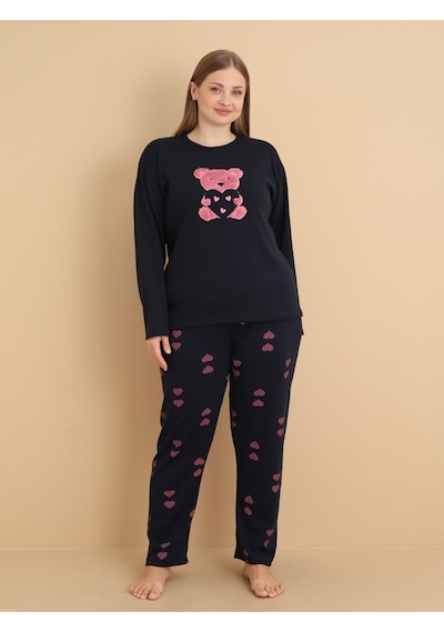 Wordex Fawn 1113 İnterlok Büyük Beden Ayıcıklı Kışlık Ev Kadın Pijama Takımı Lacivert