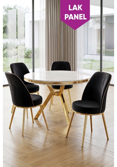 Natre Serisi 90x90 Lak Panel Beyaz Mermer Desen Gold Ayaklı Mutfak Masası Takımı Ve 4 Sandalye Beyaz Mermer Masa Siyah Sandalye Natre Serisi 90x90 Lak Panel Beyaz Mermer Desen Gold Ayaklı Mutfak Masası Takımı Ve 4 Sandalye Beyaz Mermer Masa Siyah Sandalye