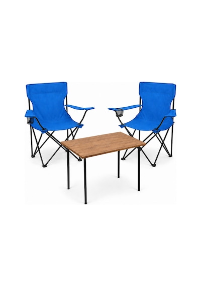 2 Sandalyeli Katlanır Kamp Masa Sandalye Seti 60x45 Cm 3 Parça Mavi