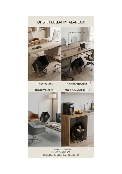Modern Metal Çöp Kovası Paslanmaz Şasi - Endüstriyel Tasarım Ofis Ve Çalışma Masası Atık Kutusu Siyah - 942753381 Siyah