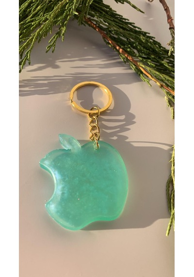 Parlak Mint Yeşili Gold Aksesuarlı Apple Elma Epoksi Anahtarlık