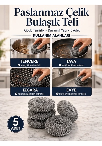 Mucit Home 5 Adet Paslanmaz Çelik Çizmez Bulaşık Tel Süngeri Kolay Kullanım Mutfak Banyo