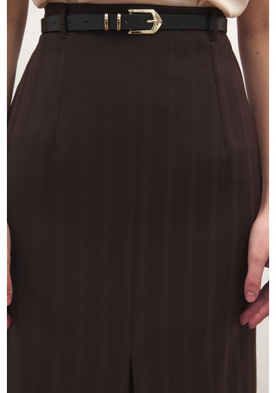 Sateen Anna Yırtmaçlı Etek - Kahve-137171 Kahve