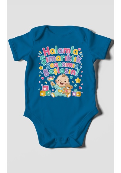 Morivokids Halamla Şımarıklık Seansımız Başlasın Kısa Kollu Bebek Body %100 Pamuk Koyu Mavi