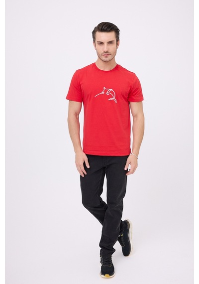 Marıne Tee Deniz Temalı Ribana Bisiklet Yaka Pamuk T-shirt-3126 KIrmızı