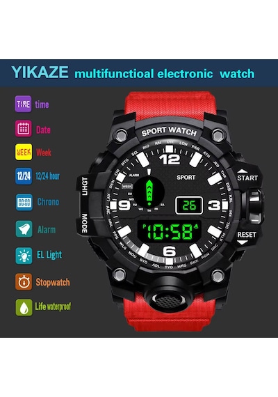 Erkek Modası Saati, Spor Elektronik Kol Saati, Büyük Kadranlı, Çok Fonksiyonlu, Su Geçirmez, Fosforlu Alarm Özellikli, Çocuk Ve Erkek Askeri Saati Kırmızı - Siyah Erkek Modası Saati, Spor Elektronik Kol Saati, Büyük Kadranlı, Çok Fonksiyonlu, Su Geçirmez, Fosforlu Alarm Özellikli, Çocuk Ve Erkek Askeri Saati Kırmızı - Siyah