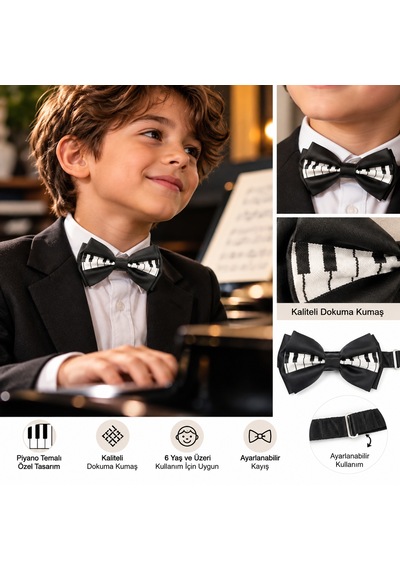 Herşeynota Piyano Tuşları Desenli Papyon Siyah Beyaz Ayarlanabilir Müzik Temalı Unisex Papyon Diğer
