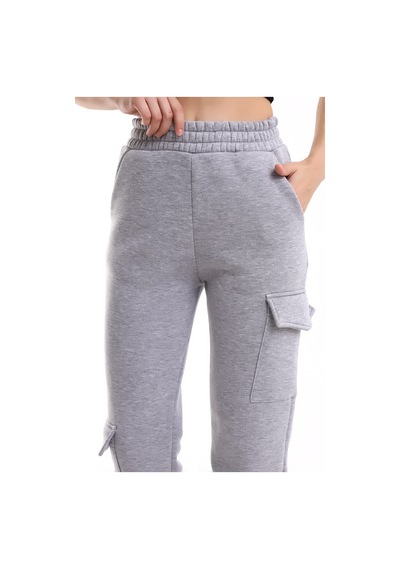 Winmoda34 Kadın Jogger Kalın 3 İplik Yandan Cepli Kargo Eşofman Altı Kar-gri