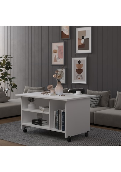 Asra Trend Orta Sehpa OS001 %100 MDF Tekerlekli İki Katlı Geniş Raf Takımı Beyaz