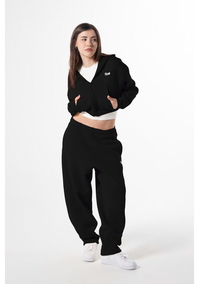 Flaw Nakışlı Zip Crop-28837 SiYAH