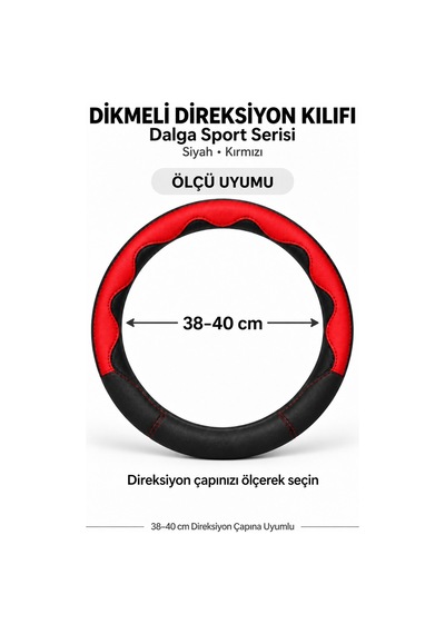 Trobus Dacia Sandero 2008-2012 Uyumlu Dikmeli Direksiyon Kılıfı Dalga Sport Deri Siyah Kırmızı Siyah - Kırmızı