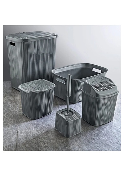 Dalgalı 5 Parça Banyo Seti Kirli Çamaşır Sepeti Deterjanlık Çöp Kovası Temiz Çamaşır Sepeti Çeyizlik Gri Gri