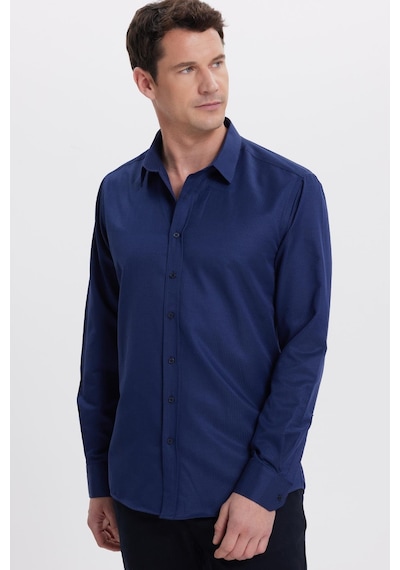 Tudors Modern Slim Fit Uzun Kollu Pamuklu Kolay Ütü Armürlü Lacivert Erkek Gömlek-41844 Lacivert