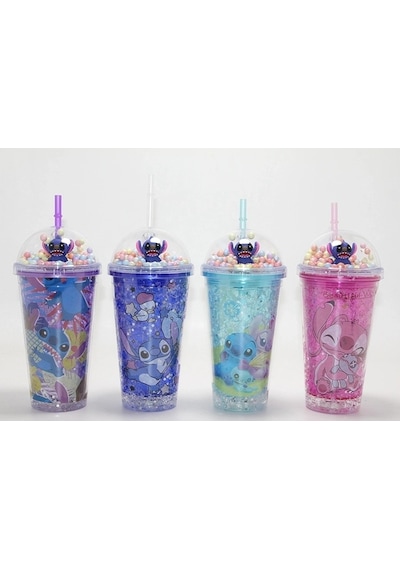 Sevimli Stitch Işıklı Pipetli Pullu Suluk & Bardak 400 Ml Alk4704 Çok Renkli