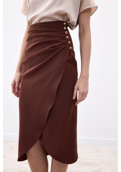 Sateen Düğme Detaylı Kalem Etek - Kahve-136775 Kahve