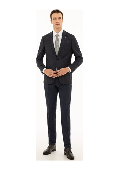 Cacharel İndigo Slim Fit Yün Çizgili Ceket Mavi