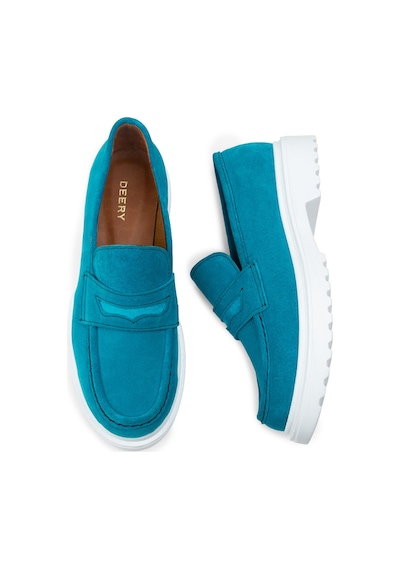 Deery Hakiki Süet Turkuaz Rengi Loafer Kadın Ayakkabı - 01903ztrkp01 Turkuaz