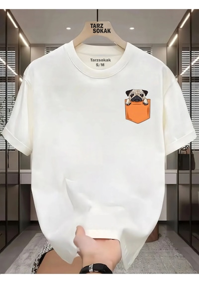 Tarzsokak Unisex Kod 1 Köpek Minimalis Baskı T-shirt Beyaz