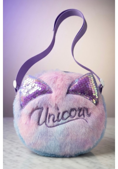 Mollycrush Hediye Kız Çocuk Unicorn Yazı Tasarımlı Peluş Çanta Ayarlanabilir Askılı Renk Geçişli Model Mor