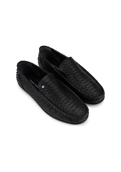 Tamer Tanca Erkek Hakiki Deri Siyah Yılan Desen Loafer Ayakkabı Siyah Yılan