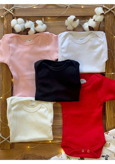 Betül Bebek Kısa Kollu 5'li Organik Pamuk Çıtçıtlı Bebek Body&zıbın Siyah,kırmızı,ekru,pembe,beyaz Çok Renkli