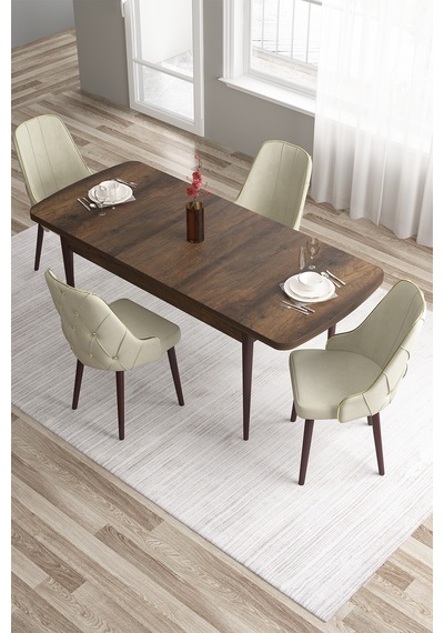 Canisa Tia Serisi 80x132 Açılabilir Mdf Mutfak Masası Takımı Barok Desen Masa 4 Krem Sandalye Masa Barok Ahşap Desen Sandalye Krem
